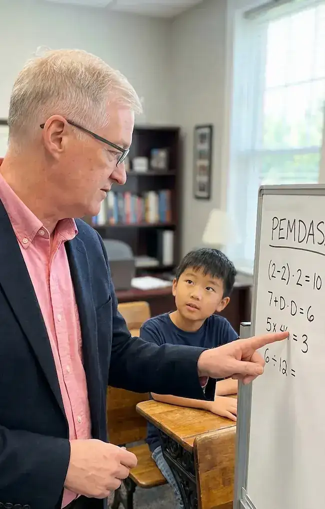Dr. Donnelly teaching ISEE Lower Level math concepts on a whiteboard